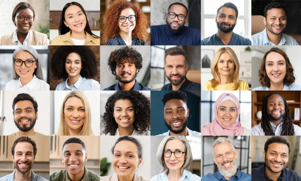 Virtual conference, webinar, online meeting video screen. Group of diverse employee, colleagues using app for video communication, virtual conference, looking at the camera. Collage of diverse people